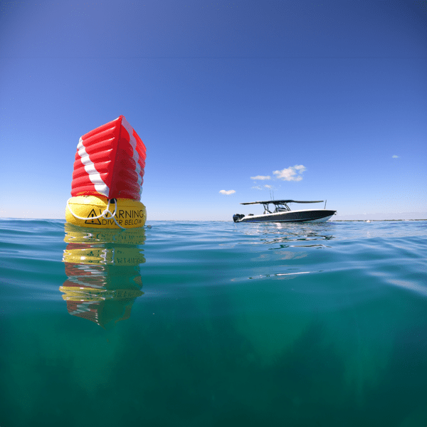 3D dive buoy floating prominently with a boat in the background highlighting safety measures.