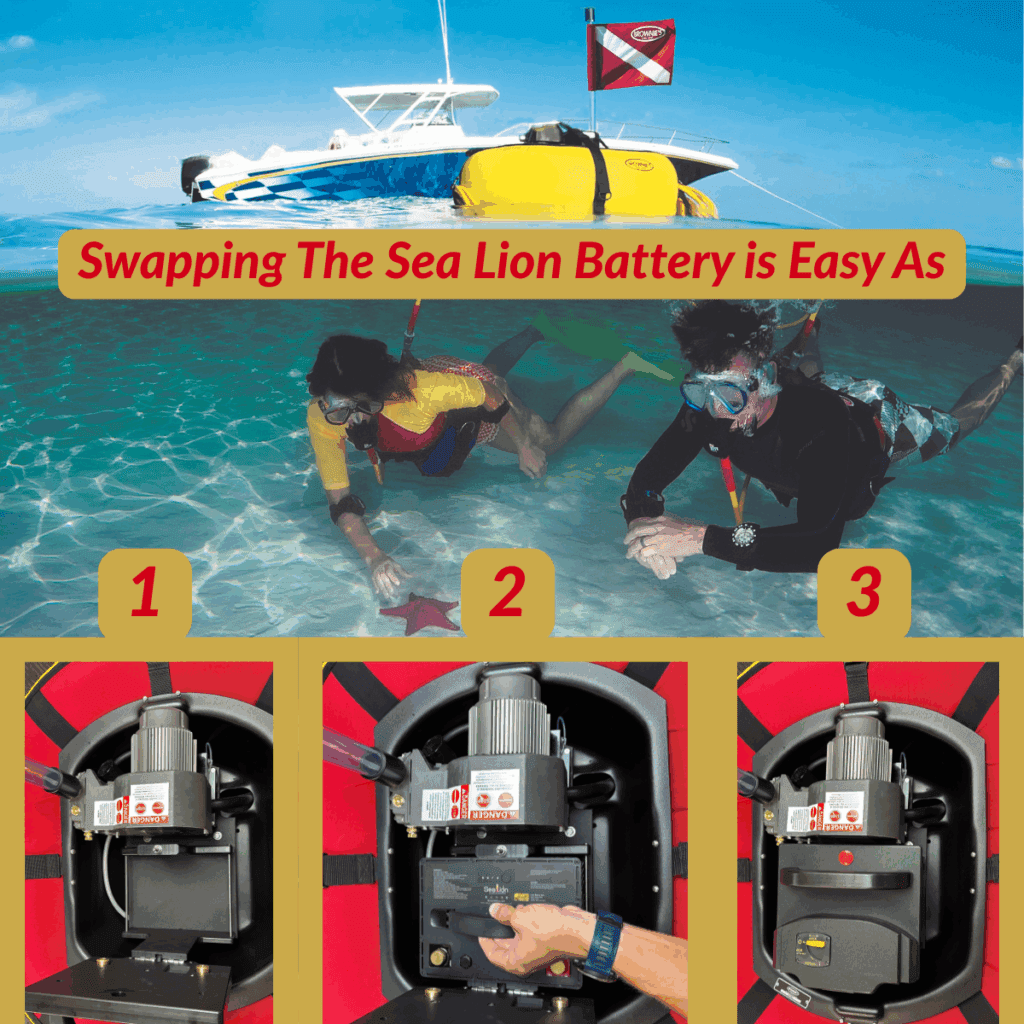 How to swap the Sea Lion battery – Brownie’s Third Lung surface-supplied dive system with step-by-step guide for quick battery replacement.