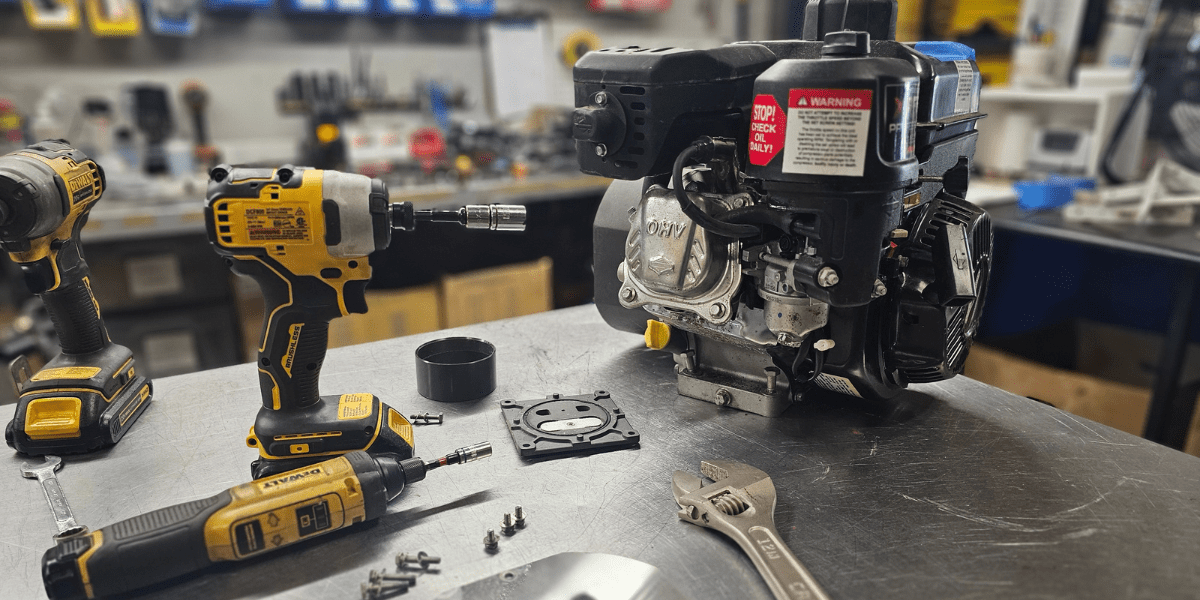 Brownie’s-third-lung-system-service Annual maintenance of a Brownie's dive system engine on a workbench with tools scattered around, showcasing the meticulous care and servicing process.