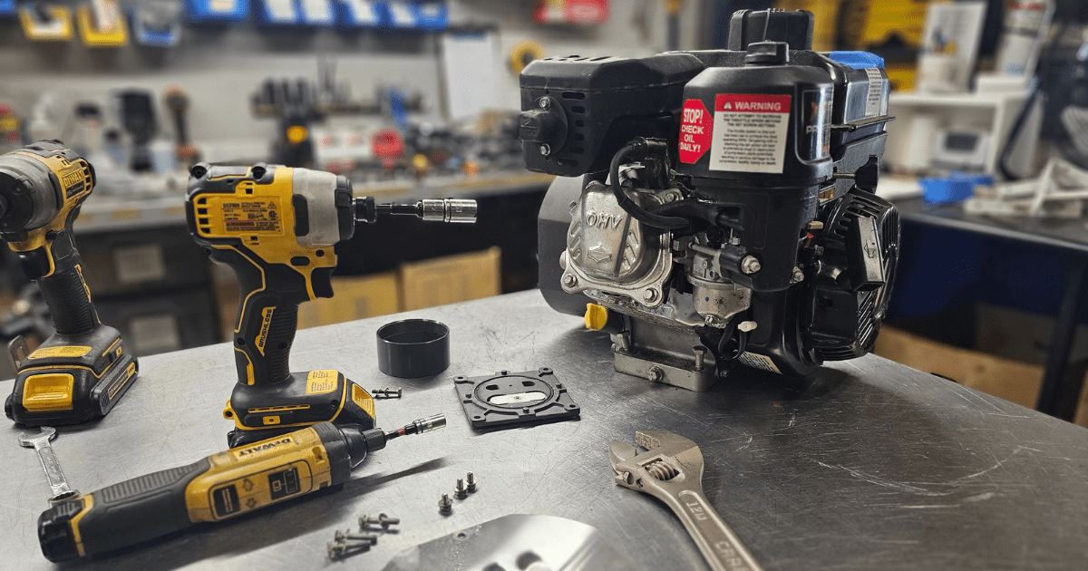 Annual maintenance of a Brownie's dive system engine on a workbench with tools scattered around, showcasing the meticulous care and servicing process.