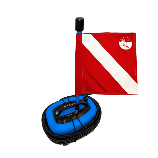 BLU3 Nomad Mini Dive System with a red and white dive flag, showcasing its compact and lightweight design for shallow water diving.